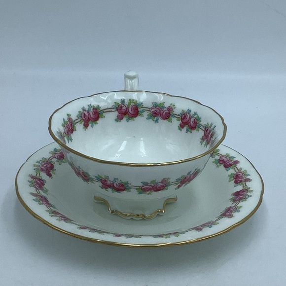 Antique Cauldon England Rose Border Gold Trim Footed China Teacup and Saucer - Picture 6 of 10